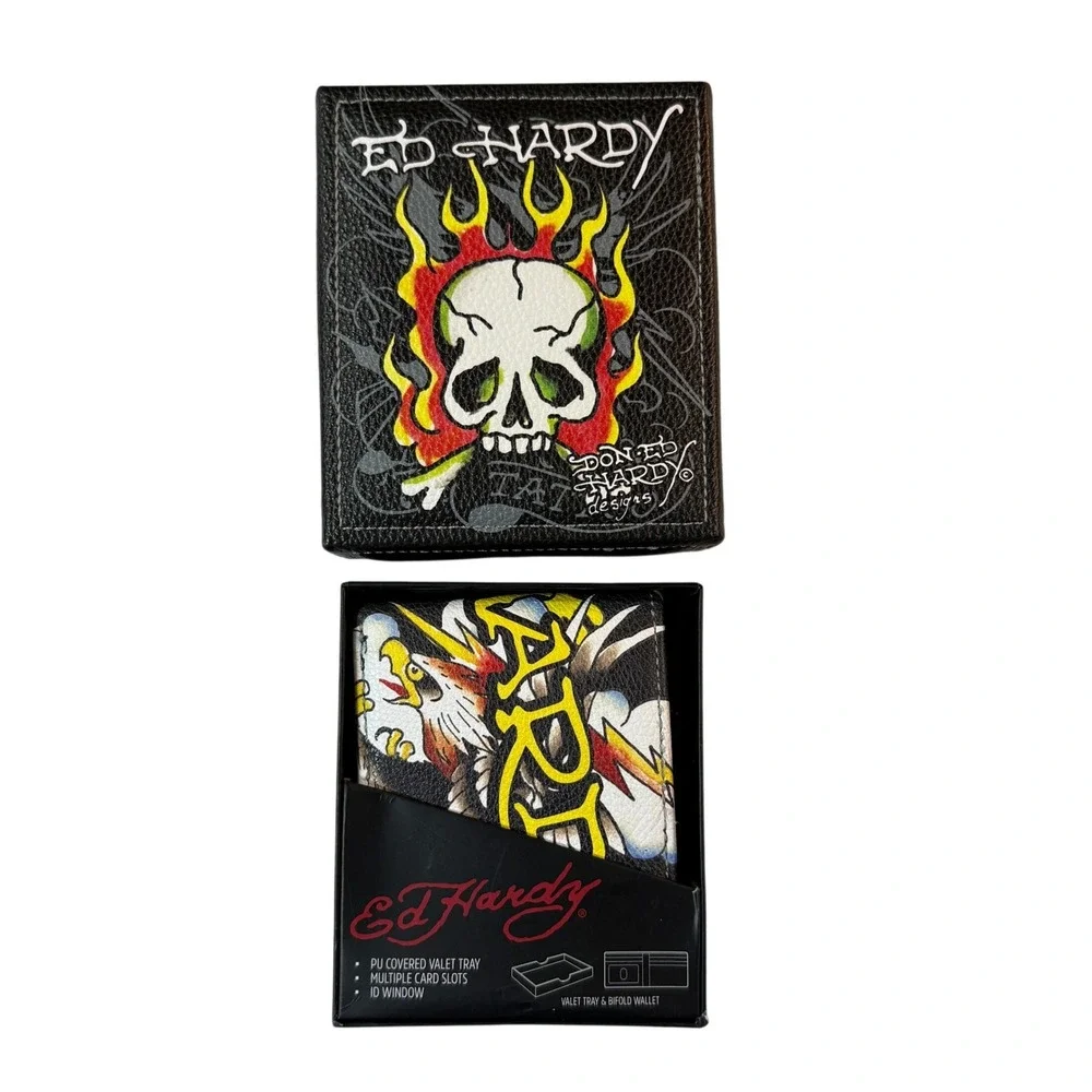 Ed‎ Hardy Black Bifold Wallet Valet Tray Tattoo Eagle Skull Y2K Set NWT